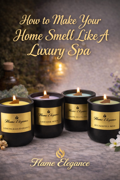 Image of four soy aromatherapy candle with wood wicks by Flame Elegance with text that says "How to make your home smell like a luxury spa." Flame logo and Flame Elegance in text on the bottom of image 