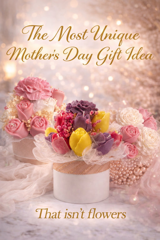 Handcrafted candle bouquets made from soy wax with pink and white floral candle designs in a keepsake box, non-toxic luxury Mother's Day gift alternative to fresh flowers.