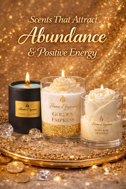 three flame elegance candles with scents that attract abundance. Jasmine sea flower, golden empress, and ivory rose devotion sitting on gold tray with gold background. 