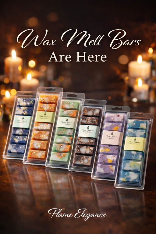 Flame Elegance wax melt bars displayed in multiple scents with candlelight background, announcing the launch of flame-free home fragrance.
