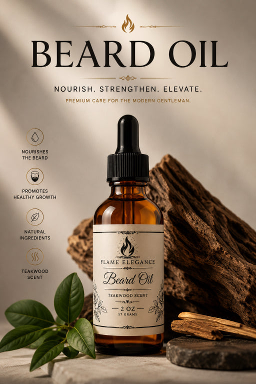 beard oil in a amber glass bottle with black lid and teakwood in the background with Flame Elegance label on the bottle. 