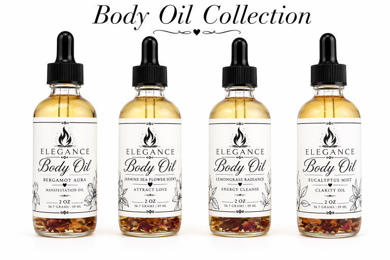 flame elegance body oil collection infused with botanicals and non-toxic fragrance oil. 