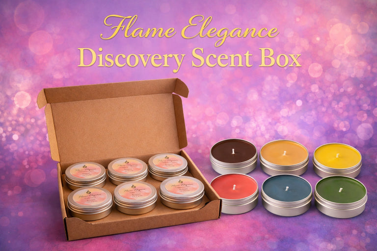discover scent candle box shows six colorful candles in tin cans and six candles in a box with their labels on it with purple and pink background