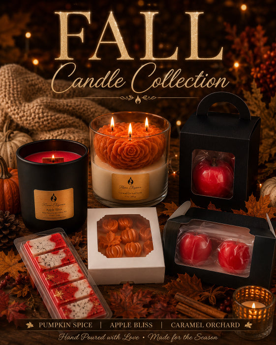 Flame Elegance fall candle collection with soy wax candles and candle melts. wood wick aromatherapy