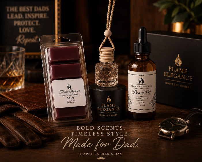 Father's day collection- leatherwood dusk wax melts, leatherwood glass car air freshener, and teakwood beard oil by Flame Elegance