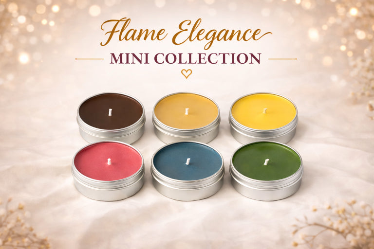 Flame Elegance mini candle collection featuring six 2 oz scented soy wax candles on elegant background