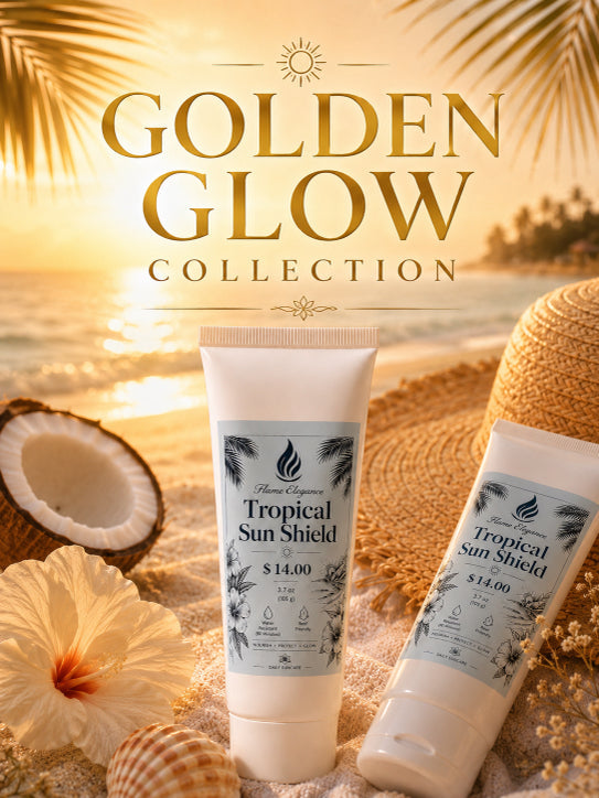 Golden Glow Tropical Sun Shield with Zinc by Flame Elegance. Beach in background with two tubes of Sun Shield in white tubes with coconut and flower next to them. 