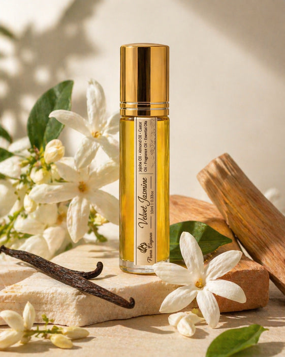 Velvet Jasmine Luxe botanical roller perfume by Flame Elegance with jasmine flowers in background