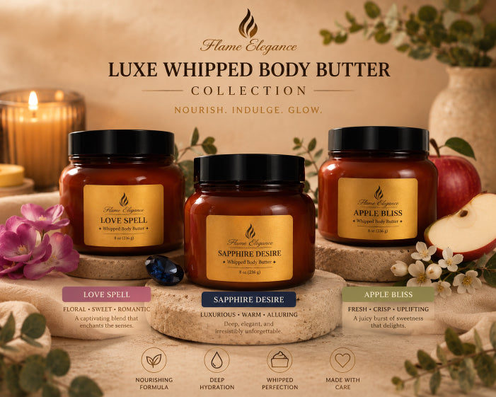 luxe whipped body butter with three amber jars and black lids that says on each jar sapphire desire, love spell, and apple bliss by Flame Ellegance