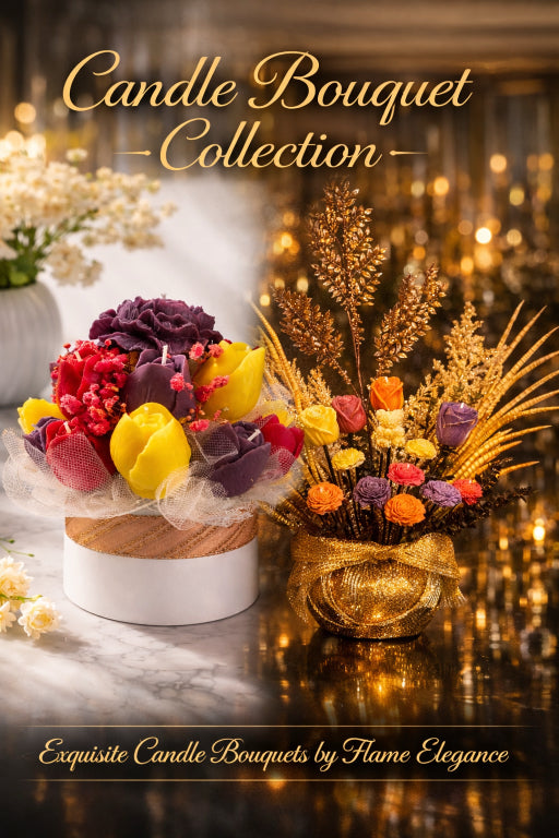 Luxury candle floral bouquet collection by flame elegance. two elegant candle bouquets sitting on a table with floral wax tulips, roses, and peonies, and silk flower accents. 