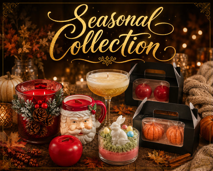 Flame Elegance Seasonal Collection soy wax plant based ingredient candles with pumpkin candles, Easter Bunny, Santa Mug candle, apple candles and a candle that looks like champagne in a champagne glass. 