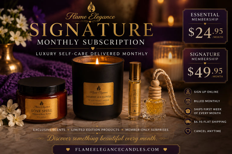 Signature Monthly Subscription Luxury Box by Flame Elegance with picture of amber jar with body butter a wood wick soy candle in a black glass vessel