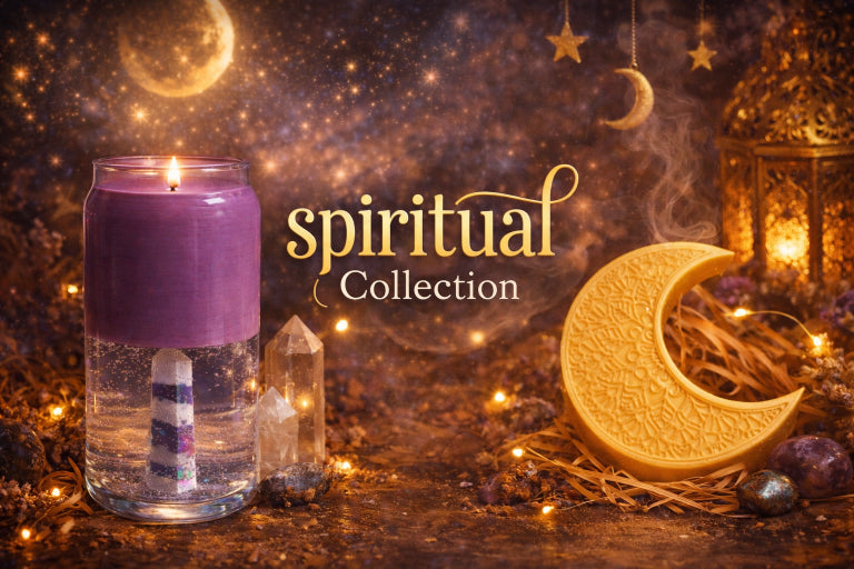 Mystical spiritual candle collection featuring a purple crystal infused candle and crescent moon ritual candle surrounded by crystals and glowing lights
