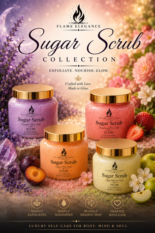 sugar scrub collection by flame elegance natural ingredients. Has image four containers with gold lids. One Purple, one peach, one pink, and one light green filled with sugar scrub. 