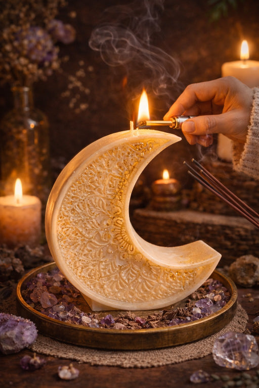 crescent moon lighting candle scented with love spell by flame elegance
