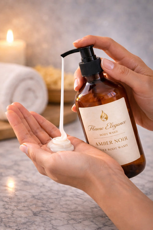 Hand holding amber noir plastic pump bottle and squirting the white creamy luxe body wash by Flame Elegance into the other hand. Spa like background in the image. 