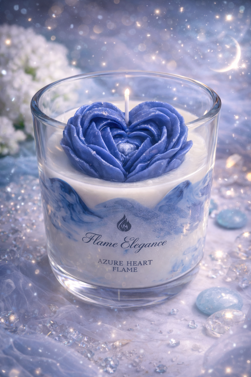 Azure heart Flame Luxury artisan candle scented in mystical waters, featuring a sculpted blue heart-shaped soy wax design resting in layered ivory and blue marble wax inside a clear glass vessel. 