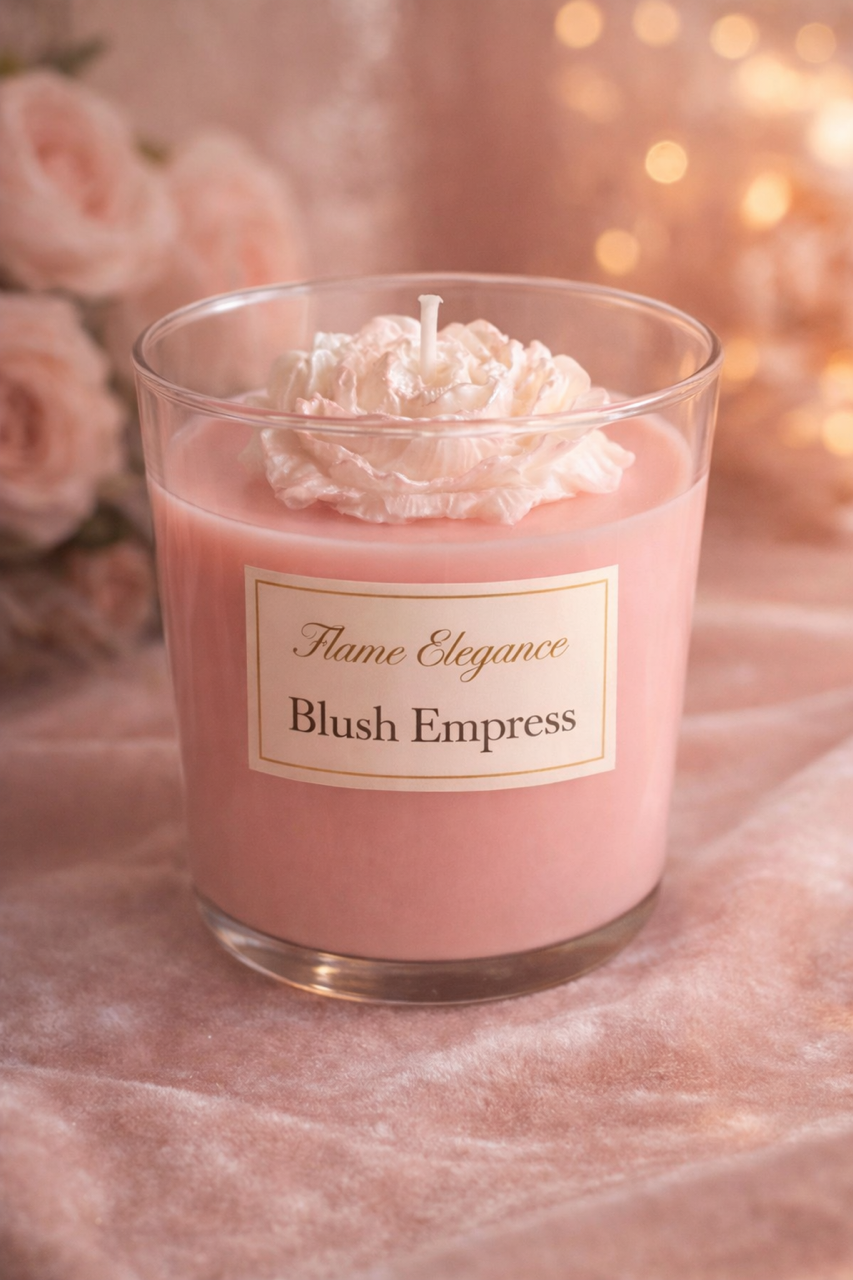Blush Empress luxury artisan candle scented in jasmine sea flower, featuring a soft pink soy wax base topped with an ivory peony wax design dusted with delicate pink mica in a clear glass vessel. 
