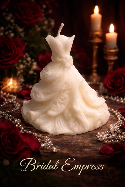Ivory bridal gown candle luxury artisan wedding candle. Bridal Empress Flame Elegance