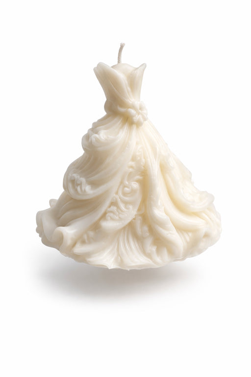 Bridal Empress candle with white background, Ivory wedding gown design eco luxury artisan candle. 