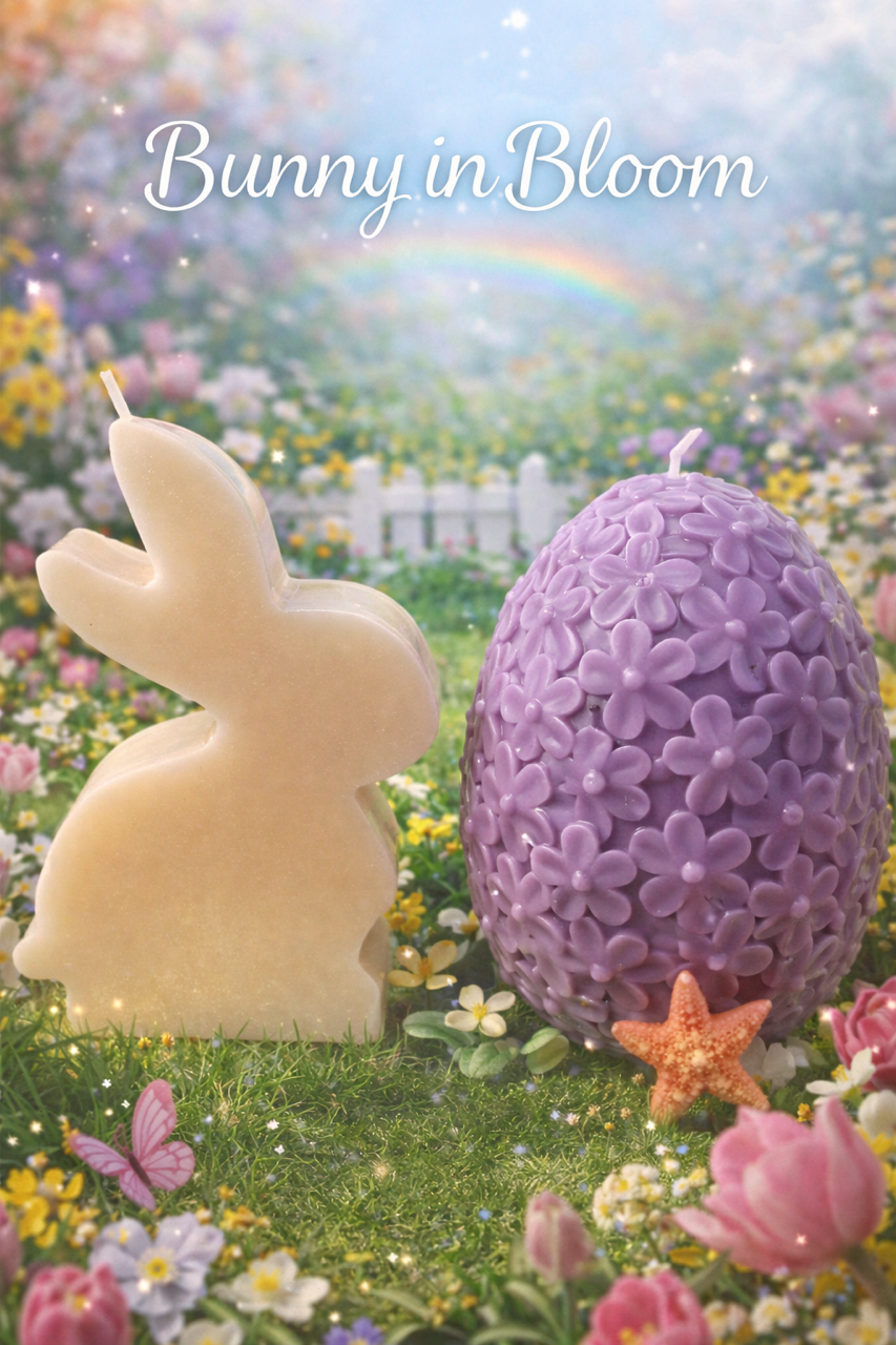 Decorative candles shaped like a bunny and an Easter egg with flowers in a garden setting.