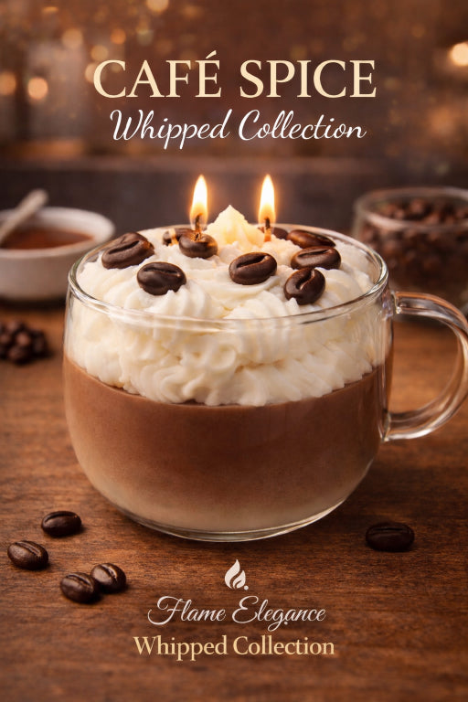 Cafe spice in glass coffee mug with whipped coconut soy wax garnished with wax coffee beans. A cozy fragrance and two wick candle for clean burn. Made with eco-friendly premium soy wax. 