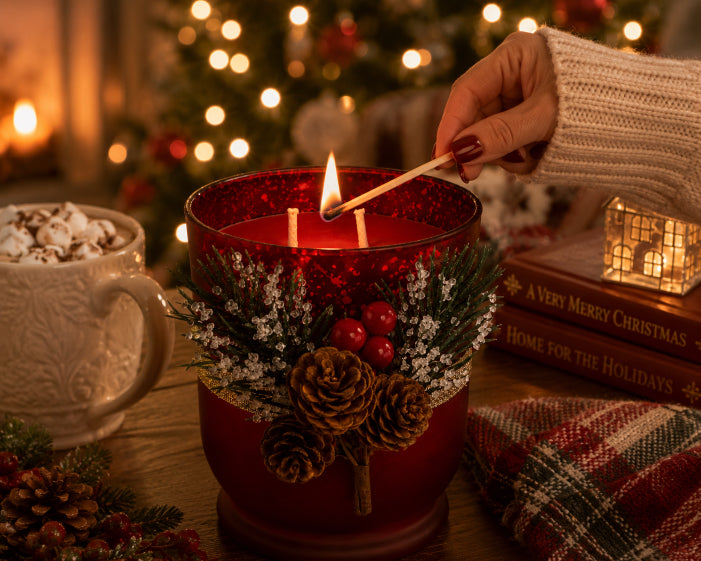 Person lighting Crimson Noel Holiday candle with decorative elements in a festive setting by Flame Elegance.