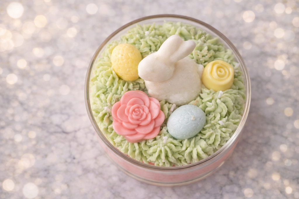 Decorative artisan easter candle. Close up of top of candle showing the green whipped coconut soy wax resembling grass. Adorned with soy wax bunny, wax egg, and wax flowers