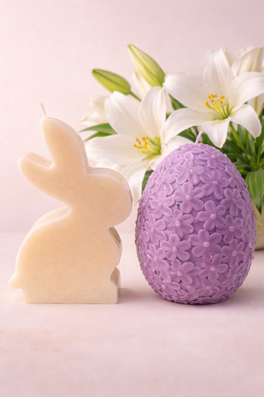 White rabbit-shaped candle and purple egg-shaped candle with flowers, placed against a light pink background with white lilies.