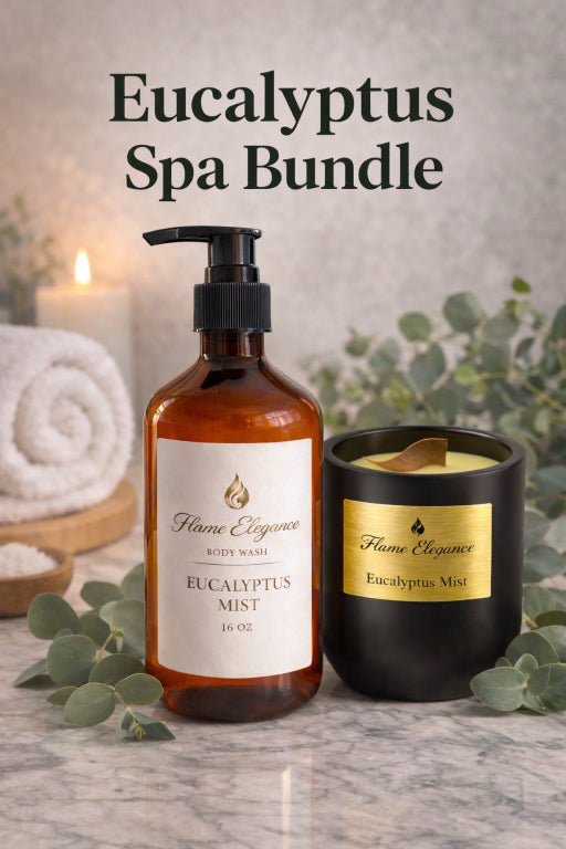 Eucalyptus Spa Bundle with bottle and candle on a marble surface with eucalyptus leaves.