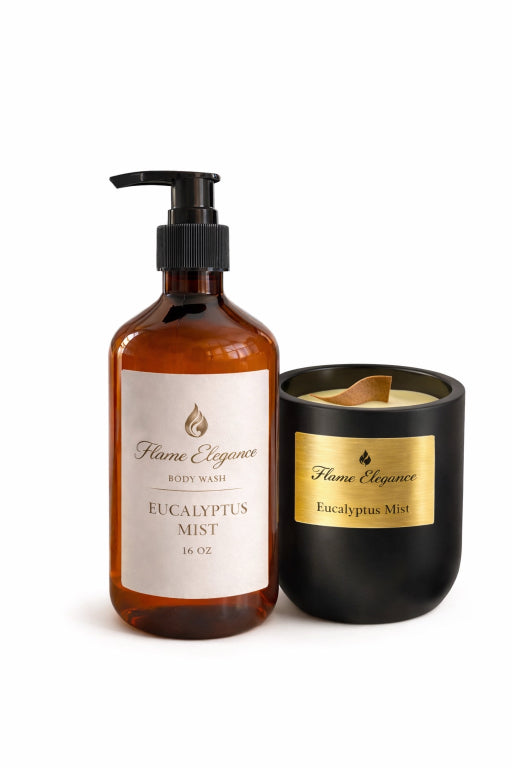 Eucalyptus mist body wash and wood wick aromatherapy candle with white background