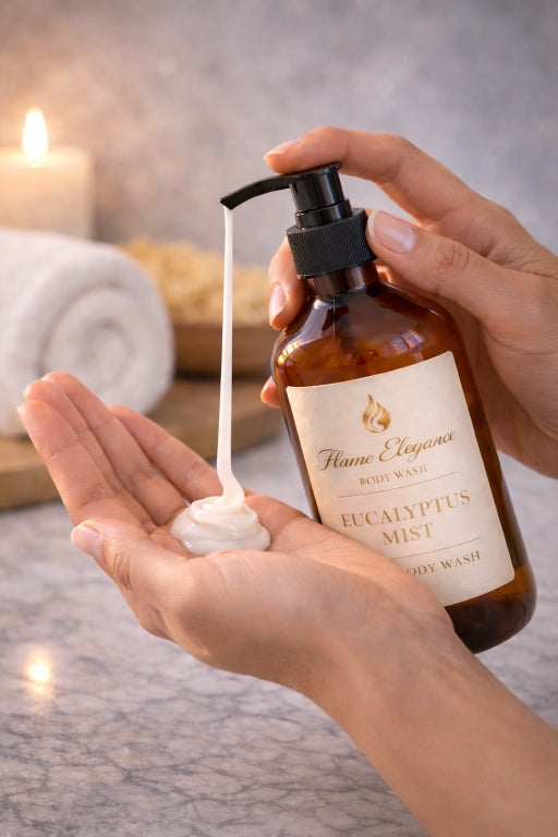 Hand holding amber bottle of Eucalyptus Mist Luxe Body Wash by Flame Elegance. Other hand is on pump and pushing down on the pump while white cream body wash is coming out of bottle. 