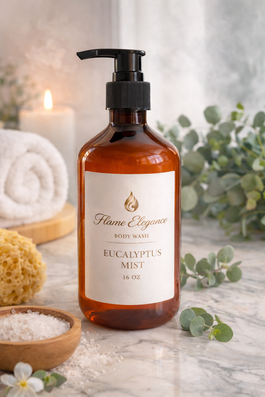 Eucalyptus Mist Luxe Body Wash in an amber pump bottle, toxin-free and handcrafted with Castile soap, jojoba oil, glycerine, xanthan gum, and crothix for a gentle and luxurious cleanse. 