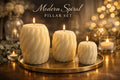 Ivory spiral pillar candle set in Champagne Toast scent from Flame Elegance displayed as luxury home decor centerpiece