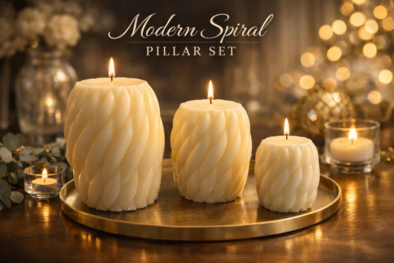 Ivory spiral pillar candle set in Champagne Toast scent from Flame Elegance displayed as luxury home decor centerpiece