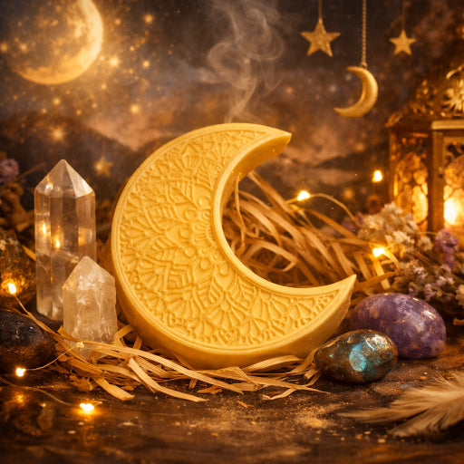 Handmade crescent moon candle dusted with gold mica powder in Love Spell fragrance displayed with surrounding crystals