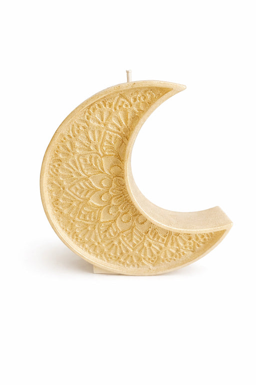 Flame Elegance crescent moon close up with white background. Showing intricate details in the moon. 