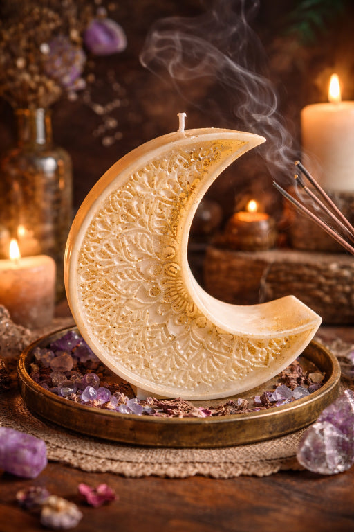 Love Spell scented moon candle dusted in gold mica powder surrounded by incense and candles sitting on a wood tray with amethyst crystal chips