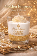 Golden empress is an elegant candle housed in a  glass jar with gel wax base and topped with sculpted wax peony flower dusted in gold mica powder for an extra shimmer. Scented with jasmine sea flower part of Flame Elegance's Peony Candle Collection. 