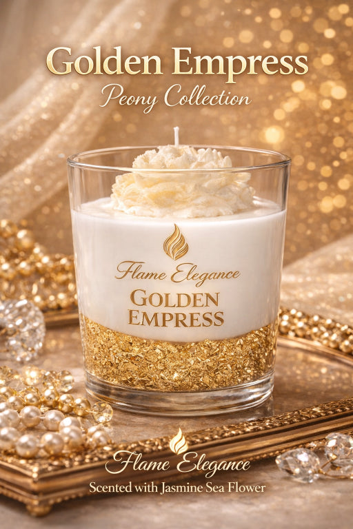 Golden empress is an elegant candle housed in a  glass jar with gel wax base and topped with sculpted wax peony flower dusted in gold mica powder for an extra shimmer. Scented with jasmine sea flower part of Flame Elegance's Peony Candle Collection. 