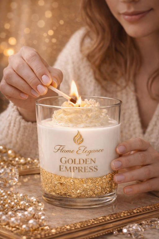 Woman light Golden Empress scented candle by Flame Elegance. Scented with Jasmine Sea Flower and contains a beautiful sculpted peony wax embed on top of an ivory base candle. Hand-poured and eco-friendly. 