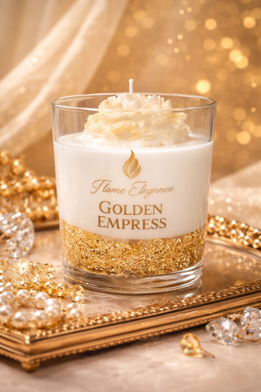 Golden Empress luxury artisan candle with jasmine sea flower scent, featuring a clear glass vessel with gel wax base, ivory center layer, and ivory peony floral top dusted with gold mica for an extra shimmer. 