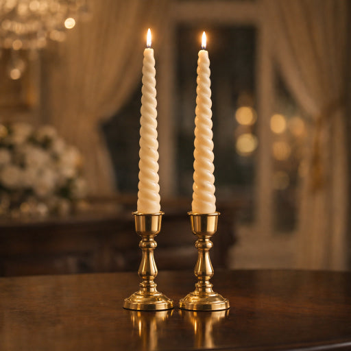 Ivory spiral luxury taper candles pair in brass holders elegant dining table decor