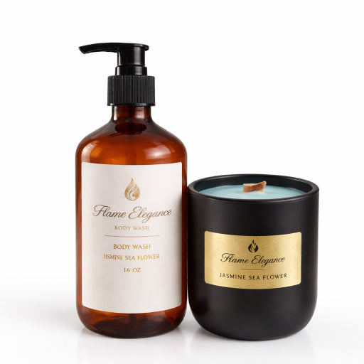 Flame Elegance natural body wash and jasmine seal flower aromatherapy candle with white background