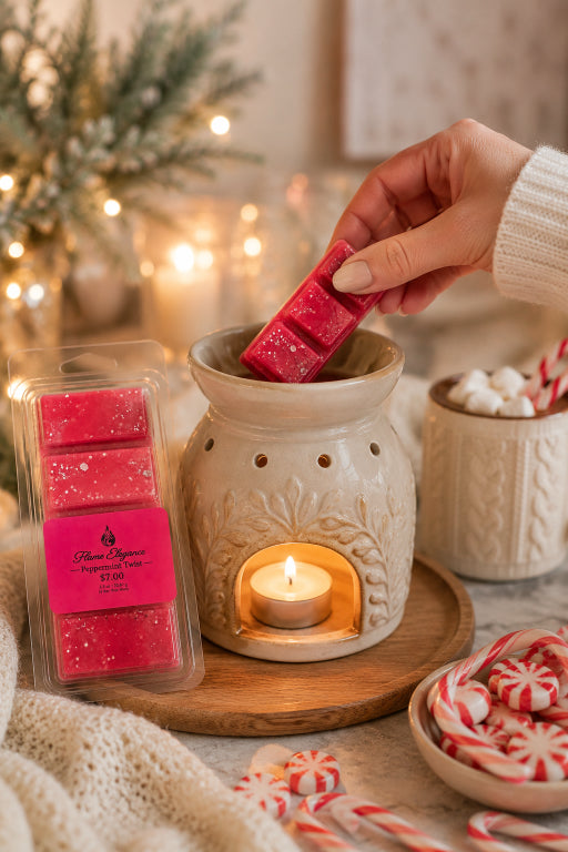 A hand places a pink wax melt into a ceramic wax warmer with a lit tea light candle, surrounded by holiday decor including candy canes, marshmallows, and a packaged wax melt on a tabletop. Peppermint Twist Wax Melt Bar by Flame Elegance.