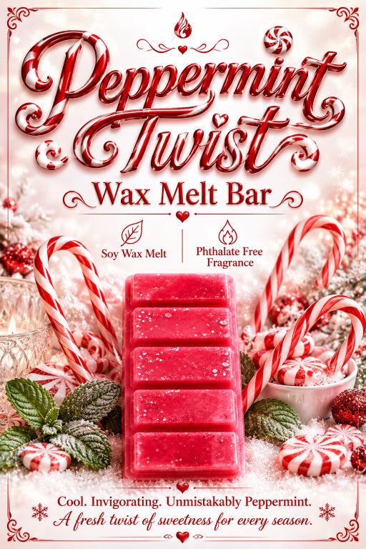A festive product graphic for a Peppermint Twist Wax Melt Bar. The central subject is a stack of five pinkish-red wax melts with white sugar-like speckles.