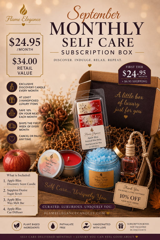 Promotional graphic for a September monthly self-care subscription box by Flame Elegance, showing a curated gift set with candles, wax melts, sugar scrub, and a massage oil arranged in a box with pinecones and autumn decor.