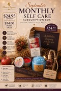 Promotional graphic for a September monthly self-care subscription box by Flame Elegance, showing a curated gift set with candles, wax melts, sugar scrub, and a massage oil arranged in a box with pinecones and autumn decor.