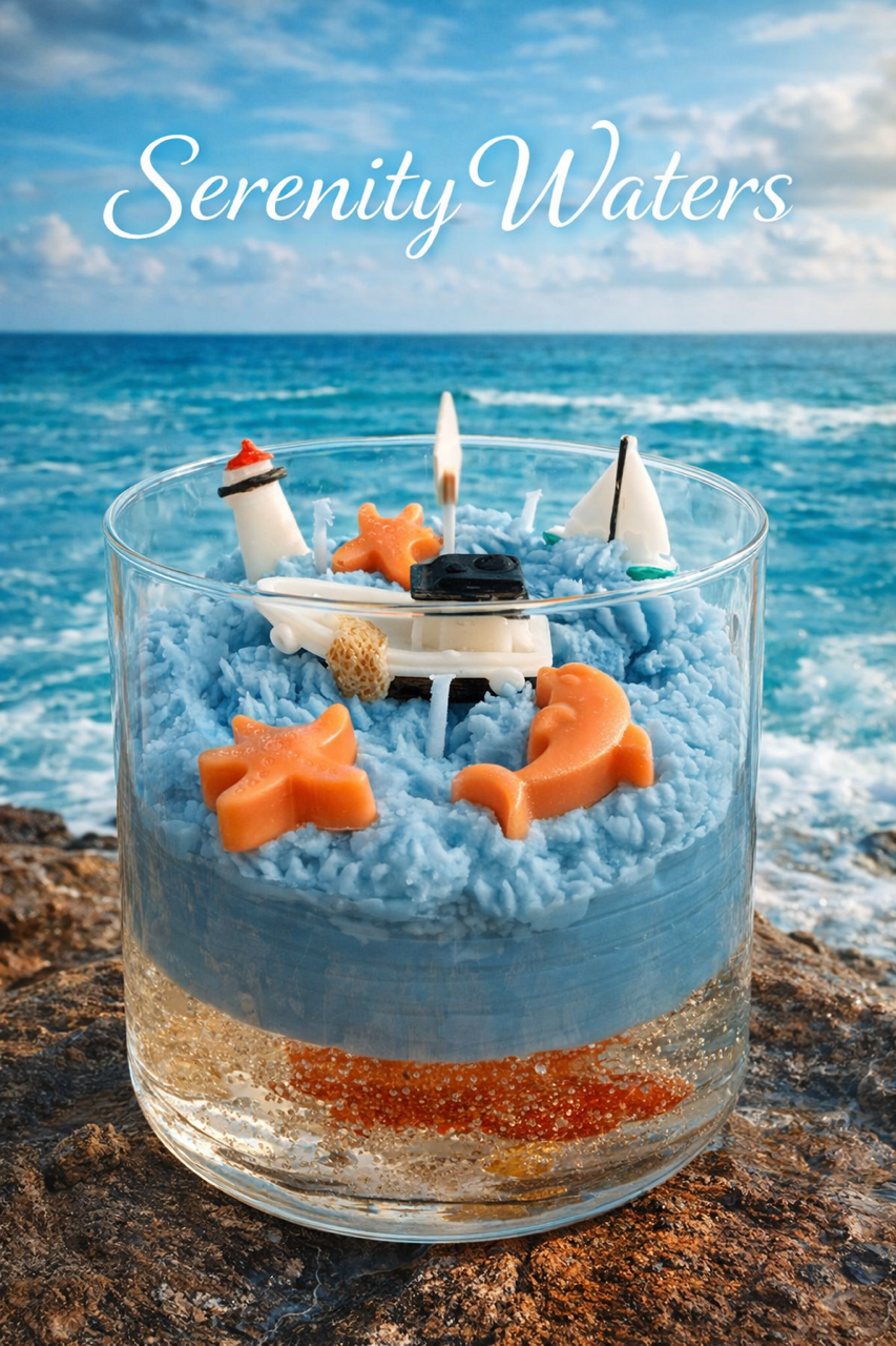 Serenity Waters artisan ocean-inspired three wick candle with a boat scented in ocean breeze, featuring whipped coconut soy wax on top, gel wax on bottom, topped with nautical wax embeds. 