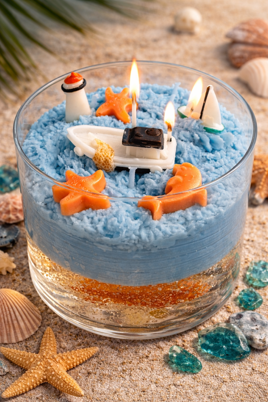 Candle in a glass container with starfish and a boat decoration on a waxy background